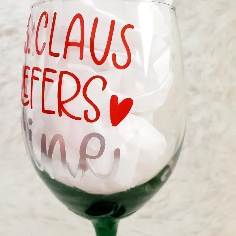 Mrs Claus Prefers Wine Green Glittered Stemmed Wine Glass, Funny Christmas Glass